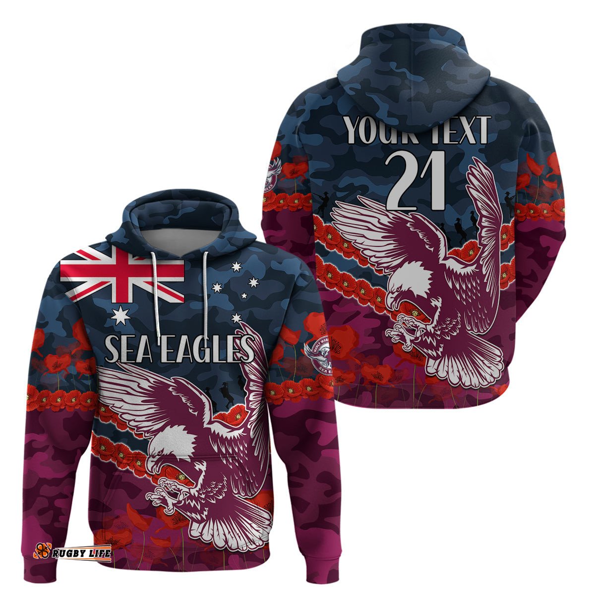 custom text and number sea eagles rugby anzac hoodie lest we forget
