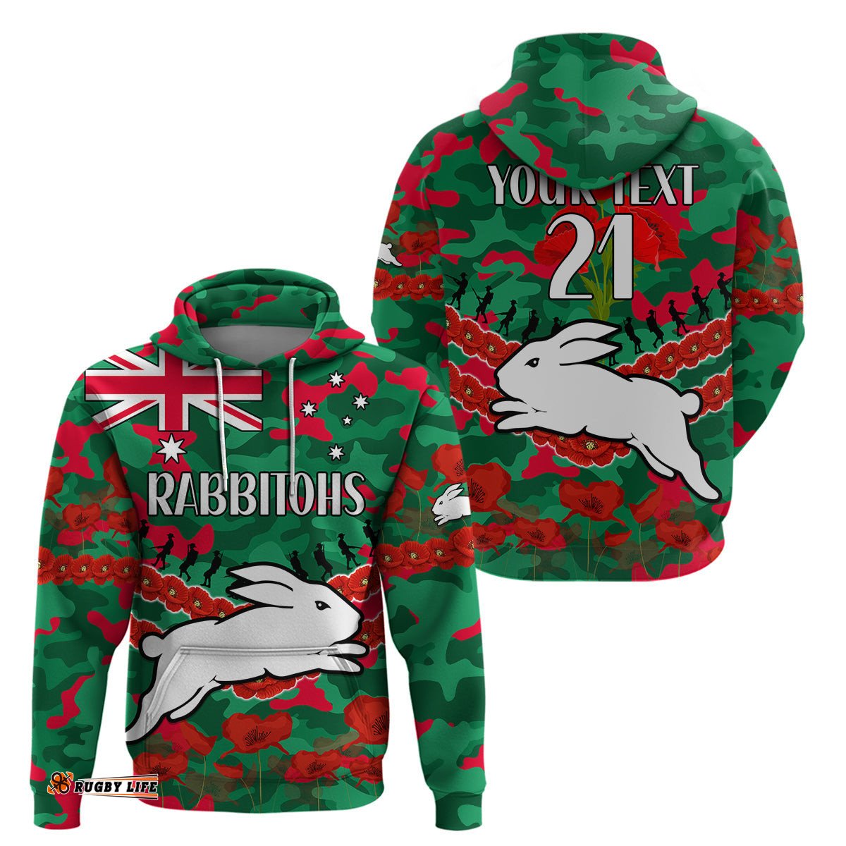 custom text and number rabbitohs rugby anzac hoodie lest we forget