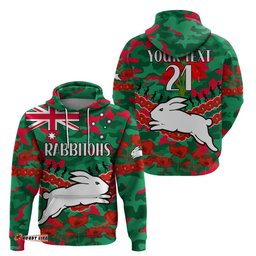 custom text and number rabbitohs rugby anzac hoodie lest we forget