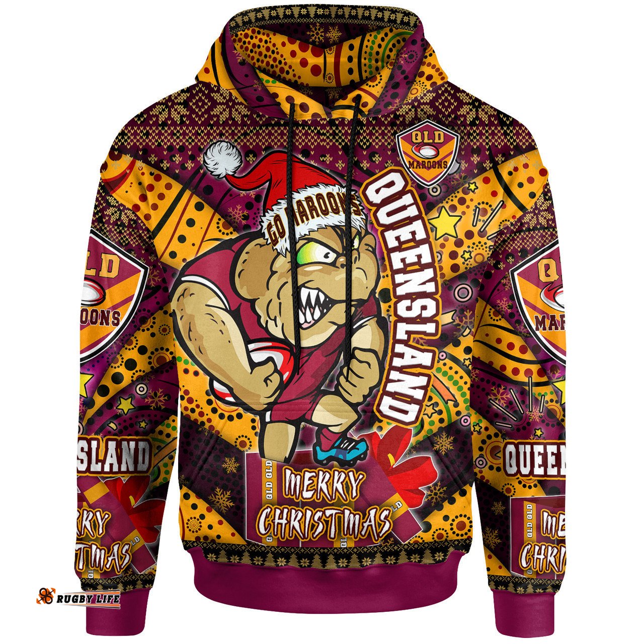 cane toads christmas hoodie - custom qld go maroons cane toads aboriginal inspired with snowflake hoodie