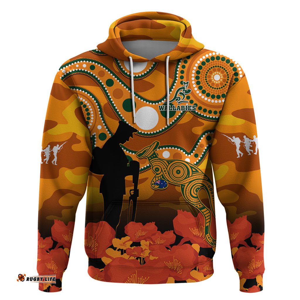 custom text and number wallabies rugby anzac hoodie aboriginal camouflage lest we forget