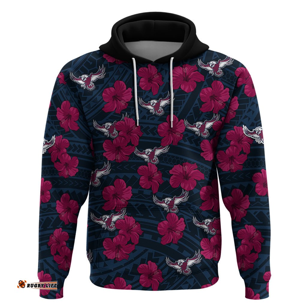 sea eagles rugby hoodie polynesian style with hibiscus