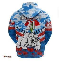 custom text and number bulldogs rugby anzac hoodie lest we forget