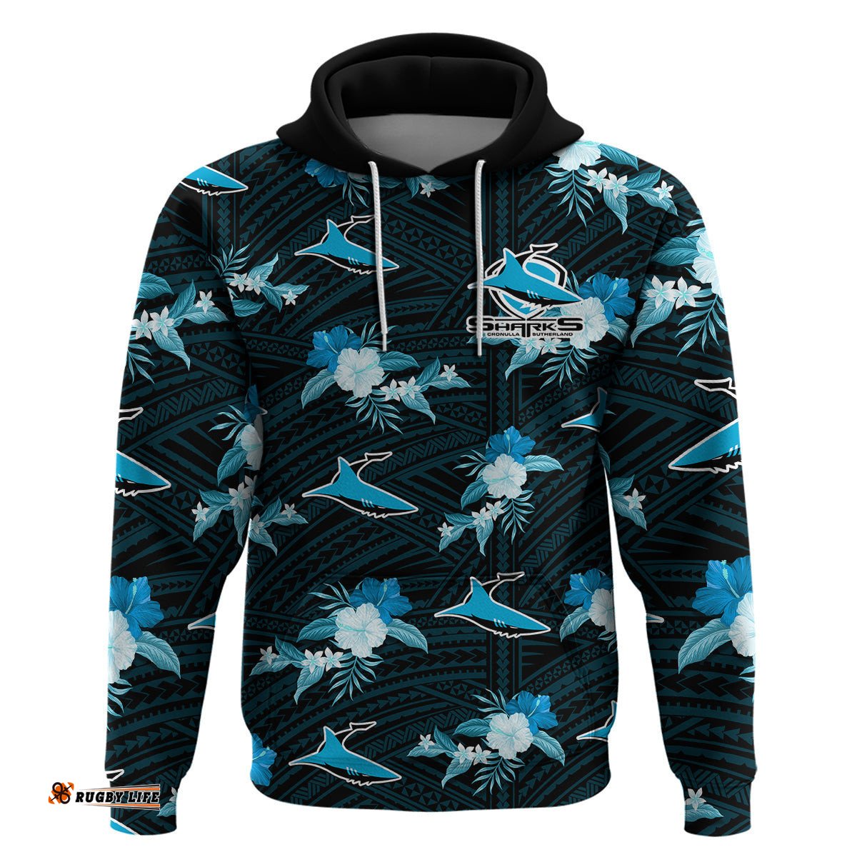 custom text and number sharks rugby hoodie polynesian tribal mix tropical hawaiian style