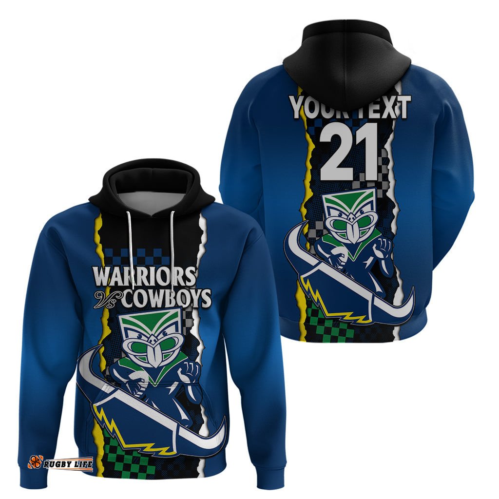 custom text and number nrl combine warriors and cowboys hoodie