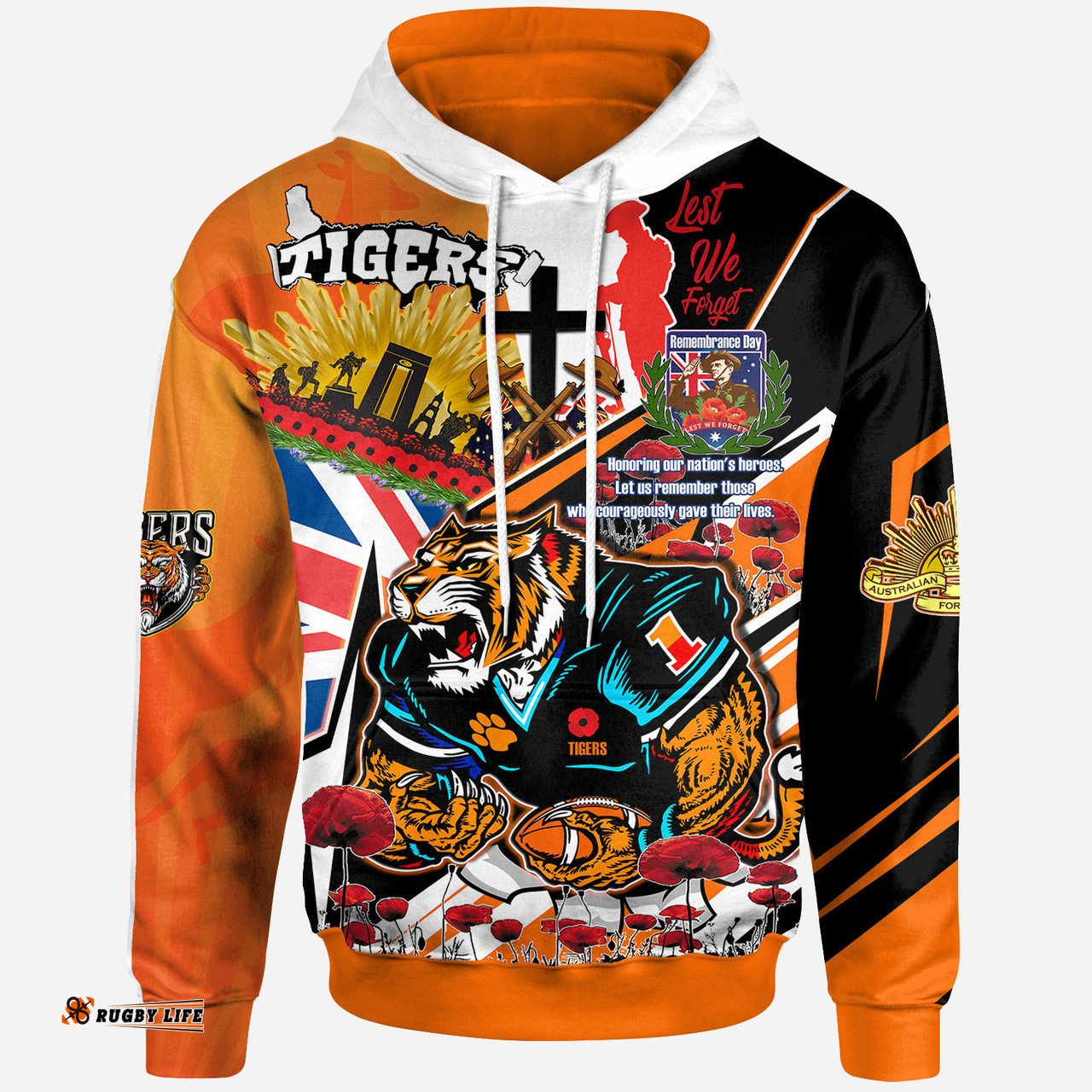 australia tigers hoodie - custom remembrance tigers anzac quote with poppy and rosemary hoodie