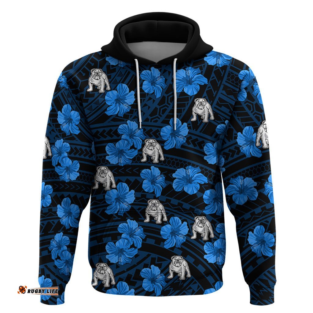 custom text and number bulldogs rugby hoodie polynesian style with hibiscus