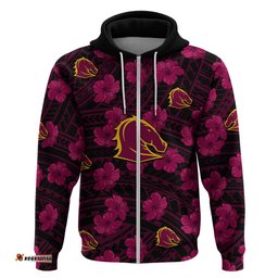 custom text and number broncos rugby hoodie polynesian style with hibiscus