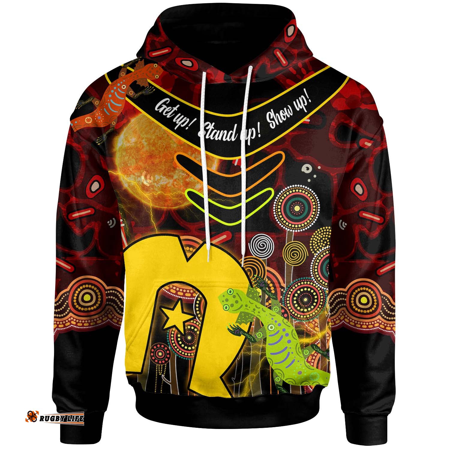 australia naidoc week hoodie boomerang aboriginal inspired naidoc week and torres strait flag "get up stand up show up" hoodie