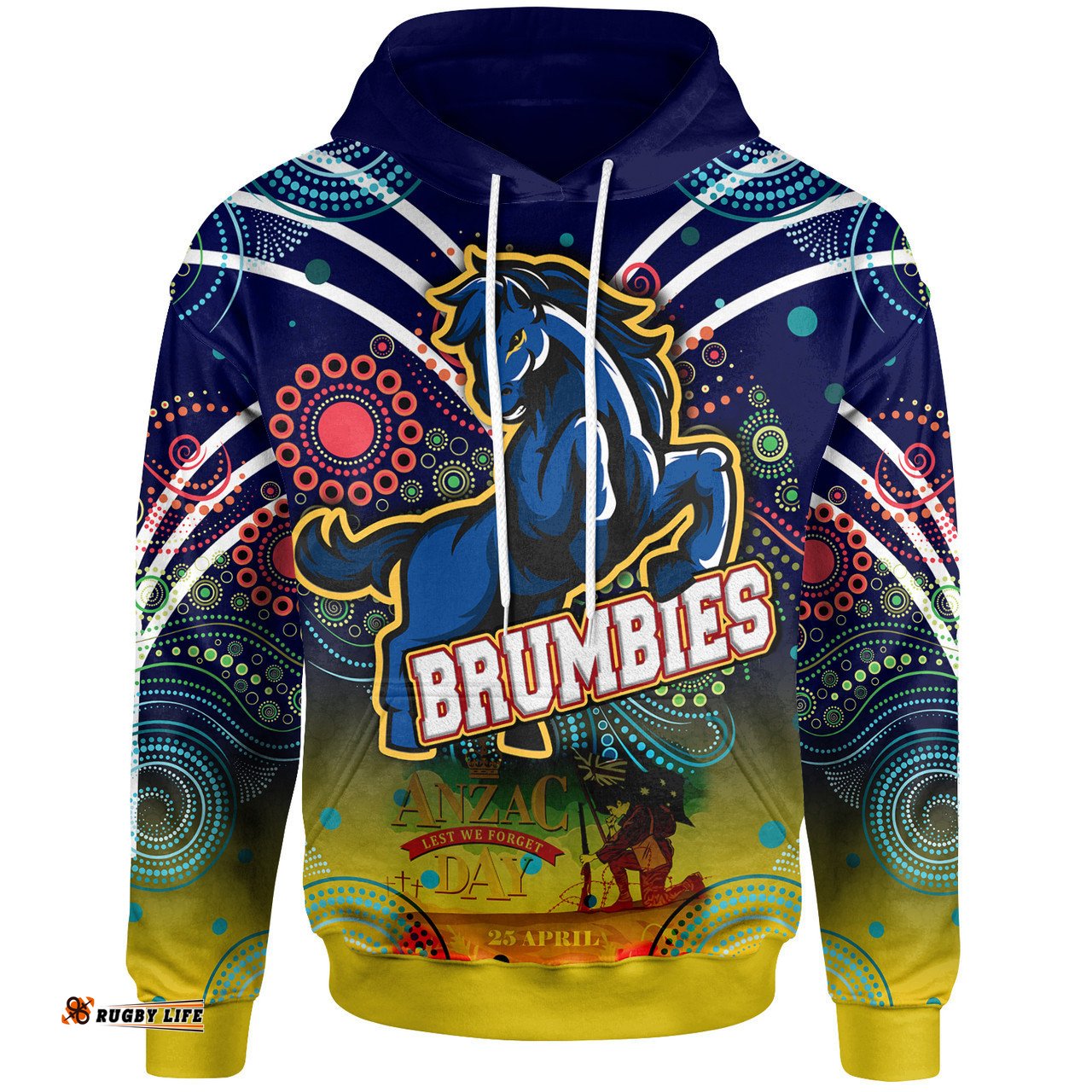 brumbies rugby hoodie - anzac day "lest we forget" brumbies aboriginal inspired pattern with horse hoodie