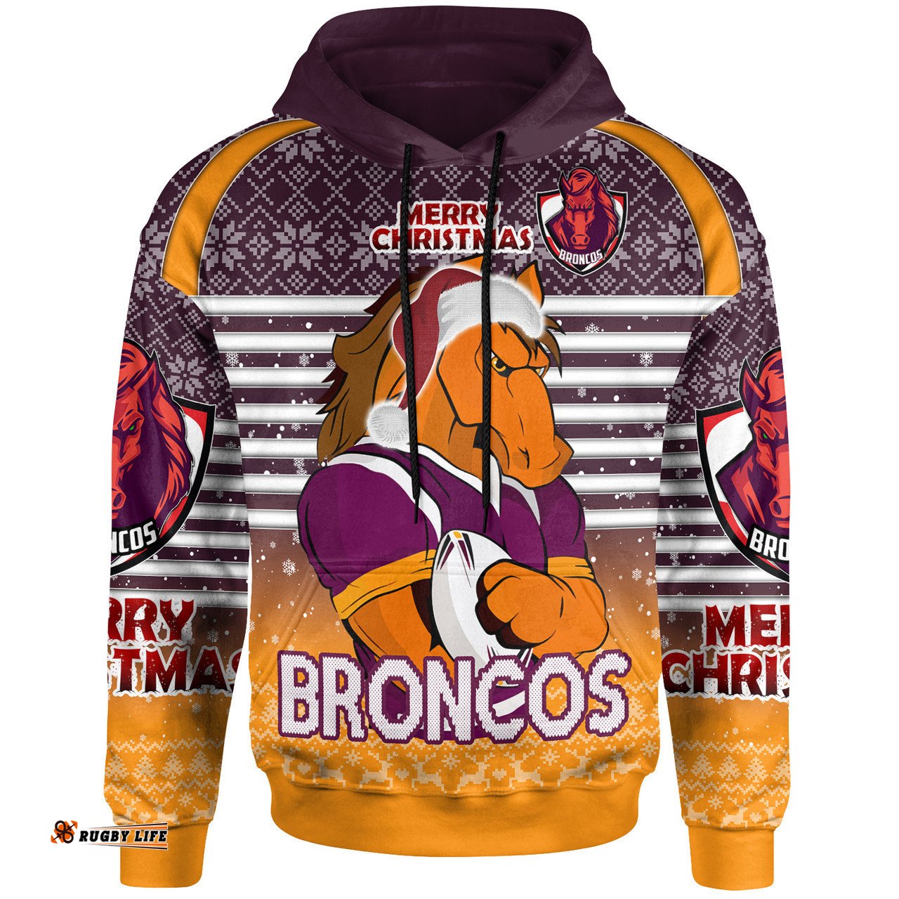 brisbane broncos christmas custom hoodie - brisbane broncos penrith panthers merry christmas with snowflake pattern hoodie