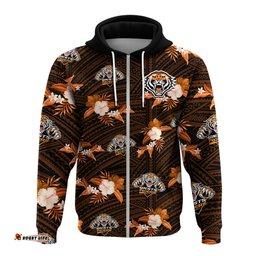 custom text and number wests tigers rugby hoodie polynesian tribal mix tropical hawaiian style