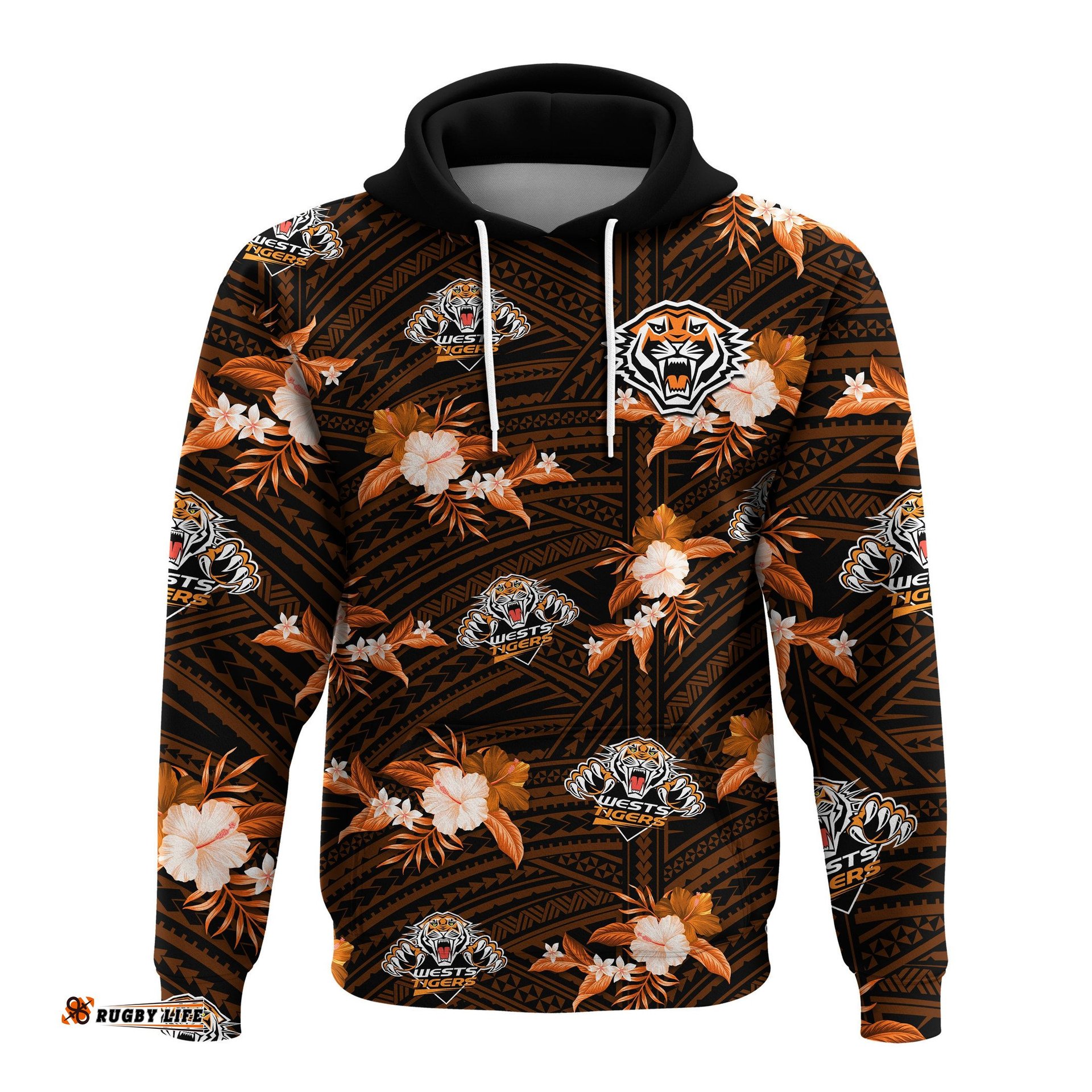 custom text and number wests tigers rugby hoodie polynesian tribal mix tropical hawaiian style