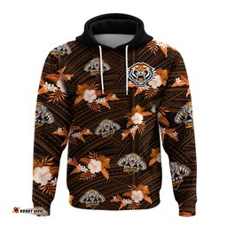 custom text and number wests tigers rugby hoodie polynesian tribal mix tropical hawaiian style