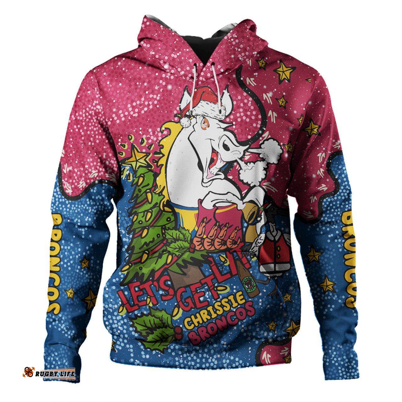 brisbane broncos christmas custom hoodie - let's get lit chrisse pressie hoodie