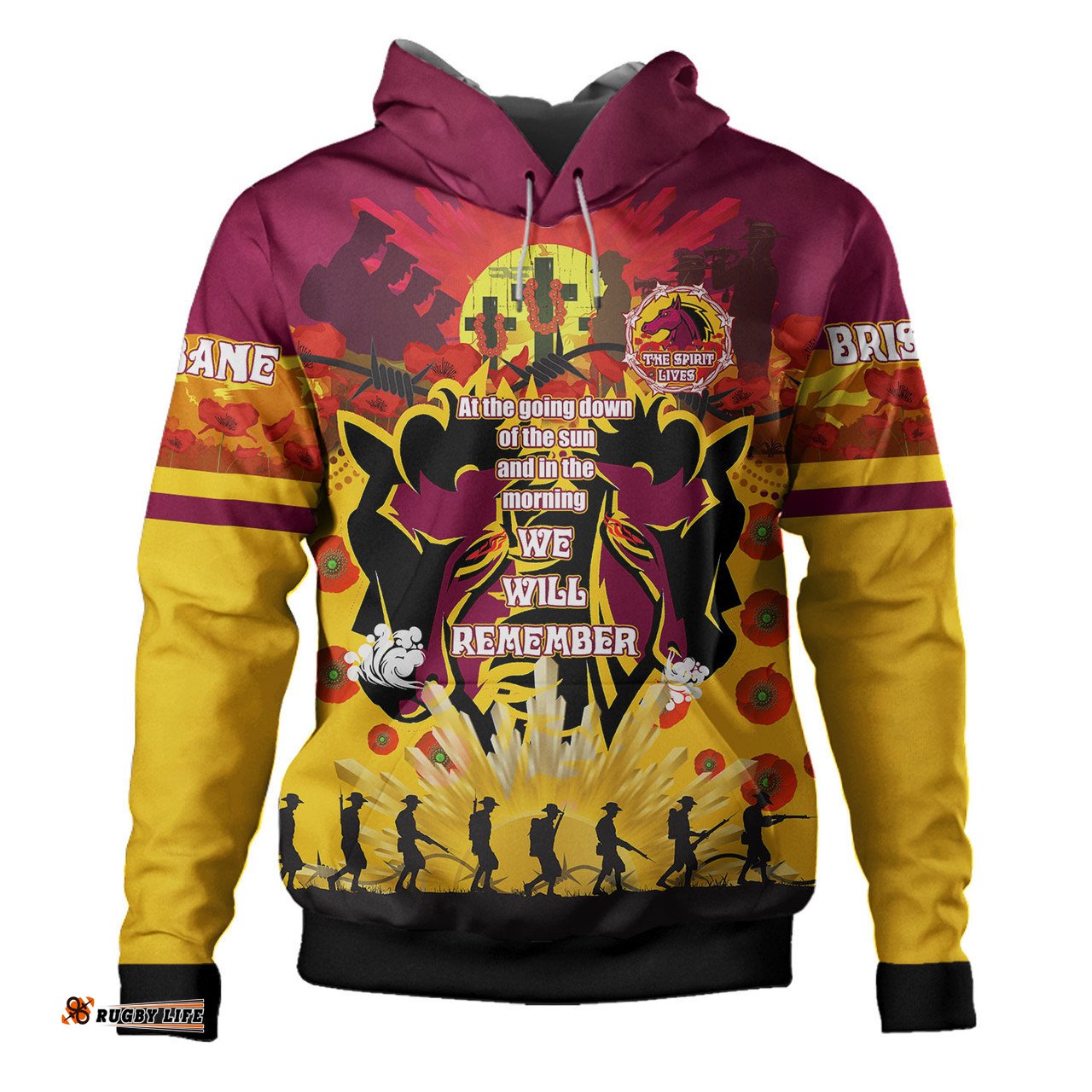 brisbane broncos anzac quotes hoodie - brisbane broncos anzac day commemoration keep spirit lives hoodie