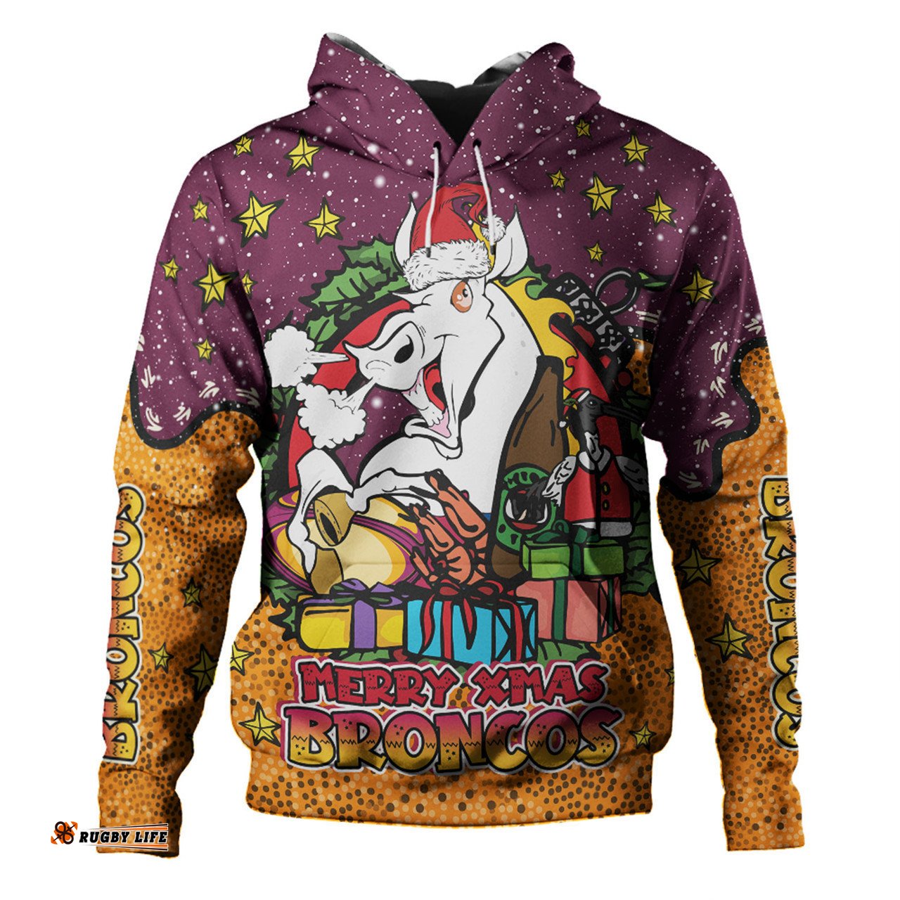 brisbane broncos christmas custom hoodie - merry christmas our beloved team with aboriginal dot art pattern hoodie