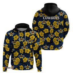 cowboys rugby hoodie polynesian style with hibiscus
