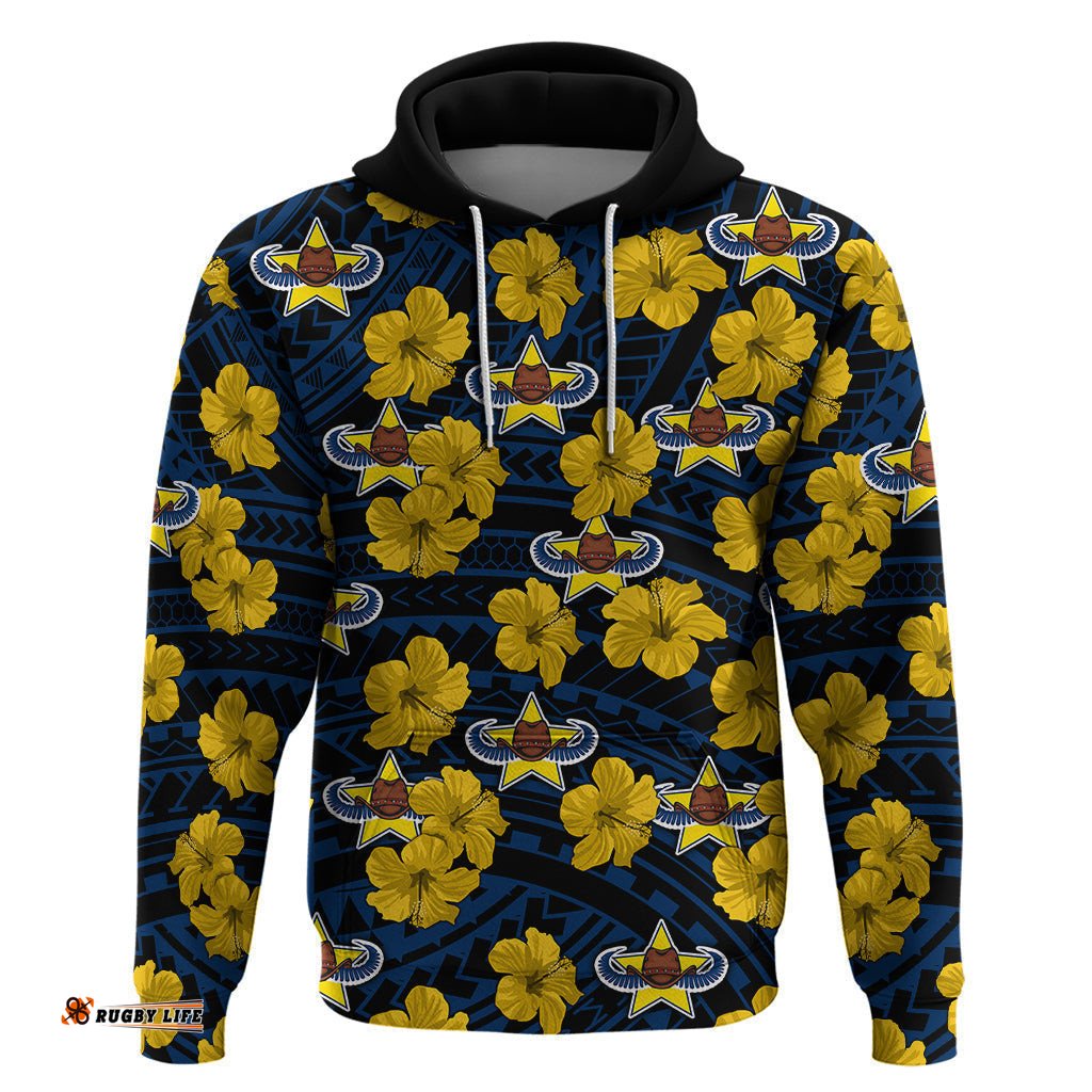 cowboys rugby hoodie polynesian style with hibiscus