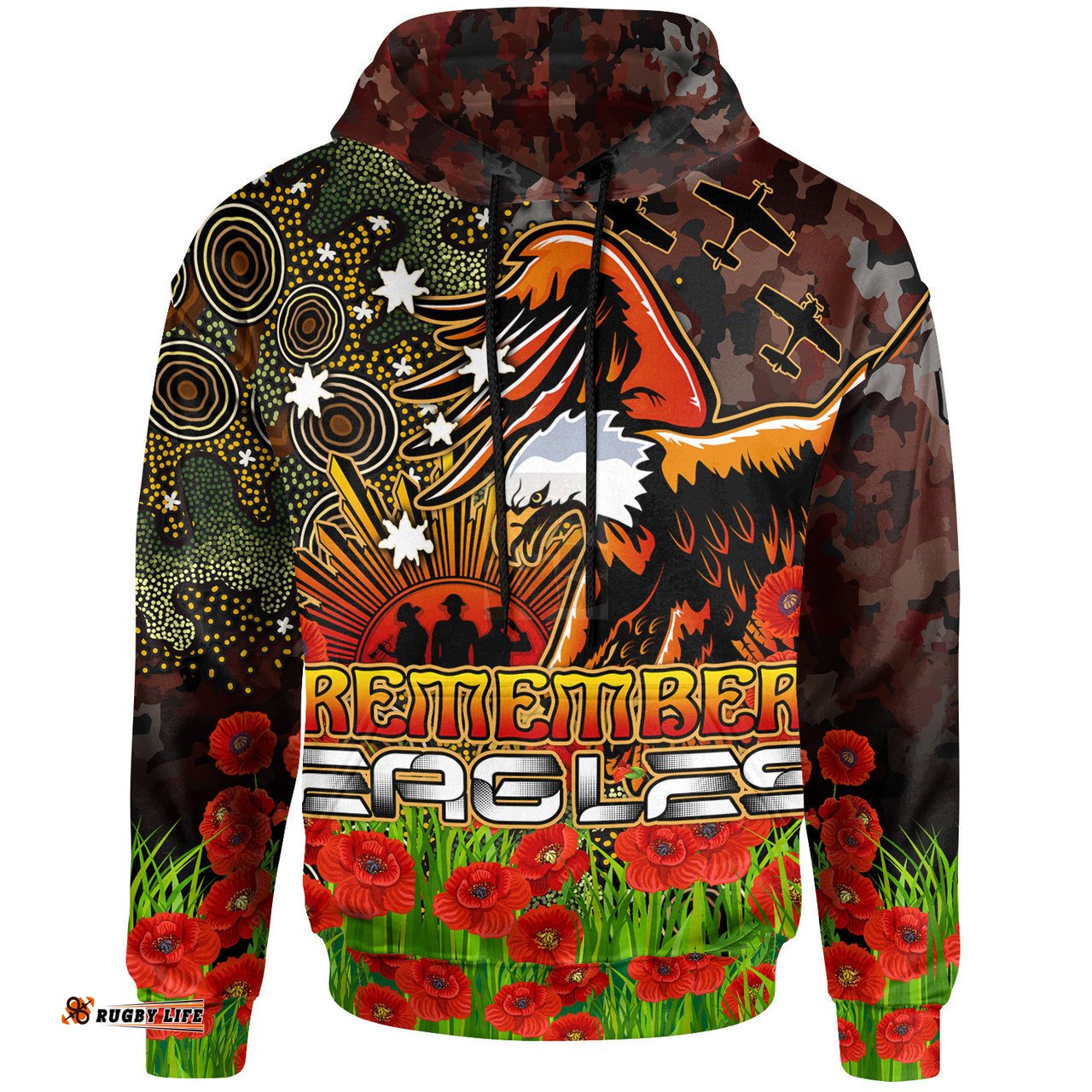 manly warringah sea eagles hoodie - anzac manly warringah sea eagles with remembrance poppy and indigenous patterns hoodie