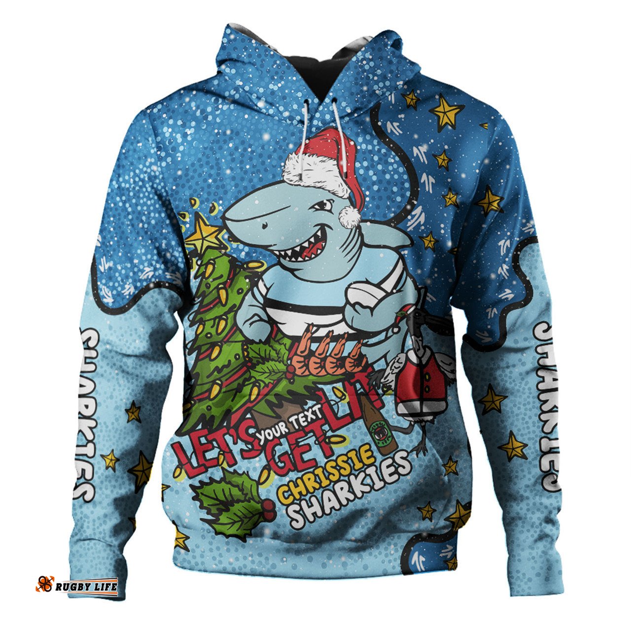 cronulla-sutherland sharks christmas custom hoodie - let's get lit chrisse pressie hoodie