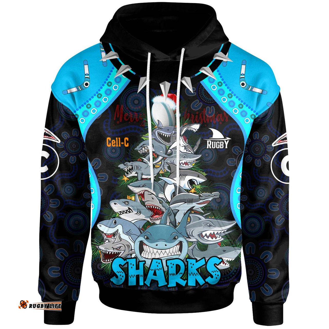 cronulla-sutherland sharks christmas hoodie - custom cronulla-sutherland sharks aboriginal inspired xmas team 15 players hoodie