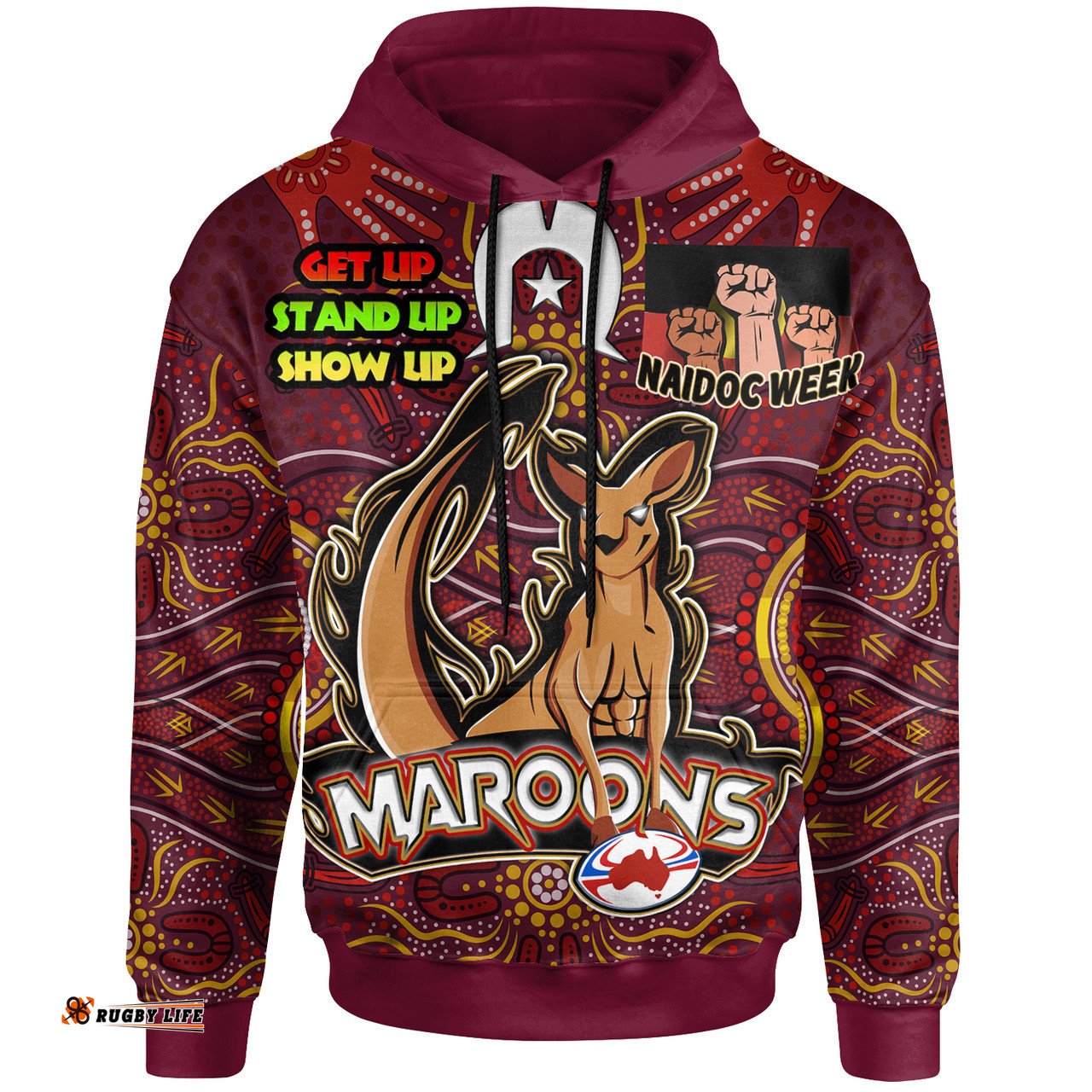maroons hoodie - custom naidoc week ''get up, stand up, show up''maroons kangaroo with aboriginal inspired culture hoodie