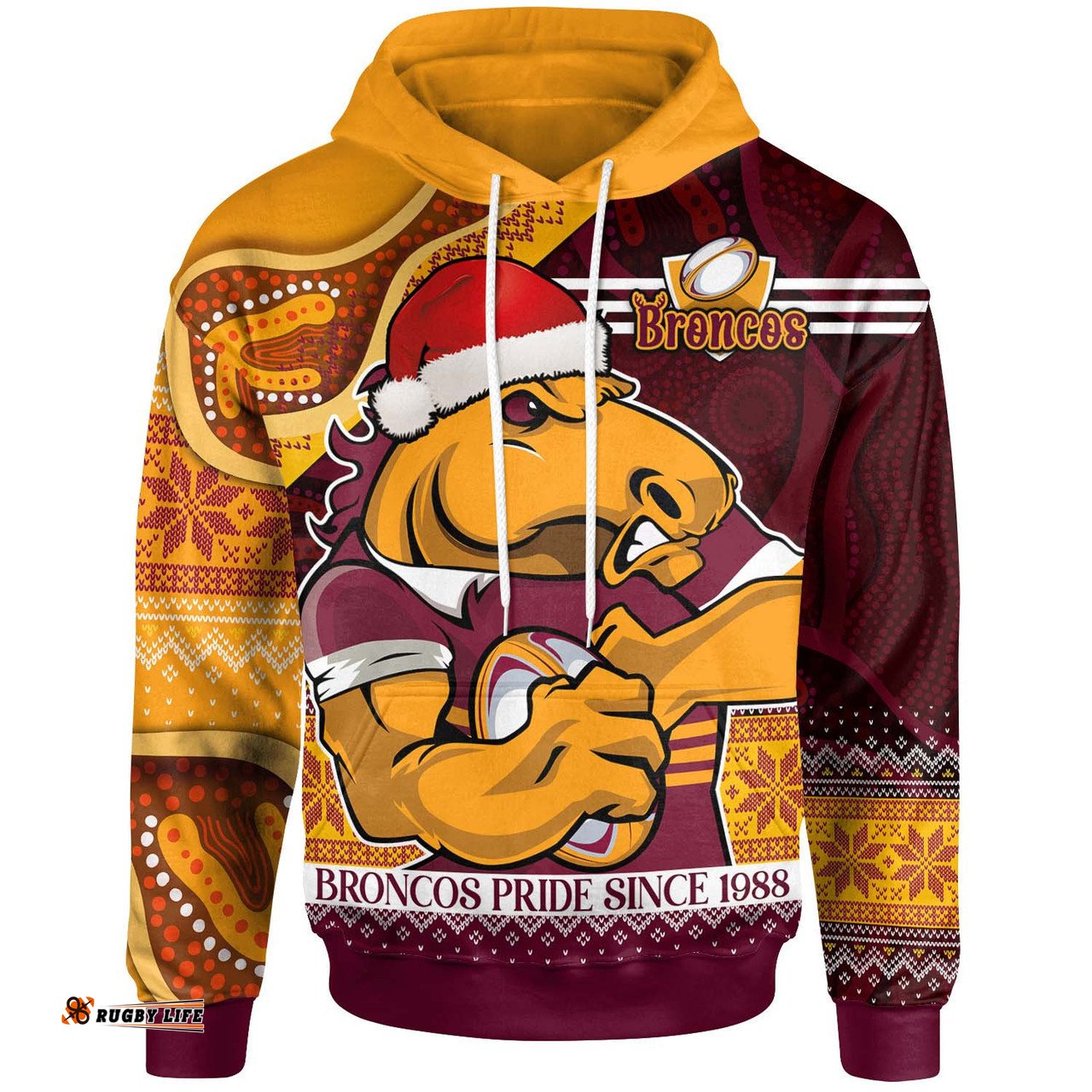 brisbane broncos christmas hoodie - custom brisbane broncos pride since 1988 aboriginal inspired and ugly pattern hoodie