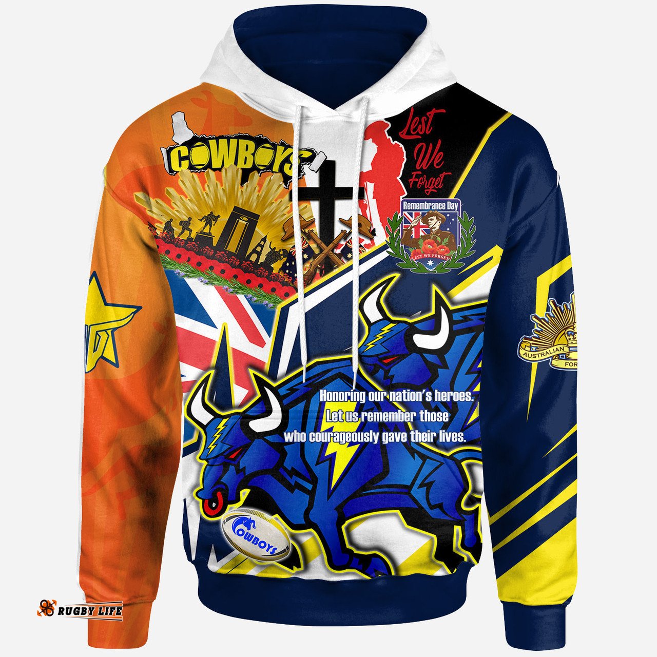 north queensland cowboys hoodie - custom remembrance cowboys  anzac quote with poppy and rosemary hoodie