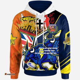 north queensland cowboys hoodie - custom remembrance cowboys  anzac quote with poppy and rosemary hoodie