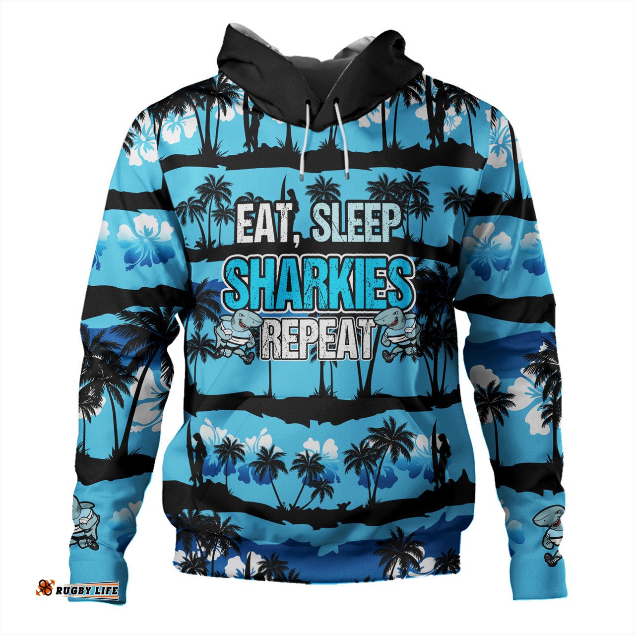 cronulla-sutherland sharks hoodie - eat sleep repeat with tropical patterns