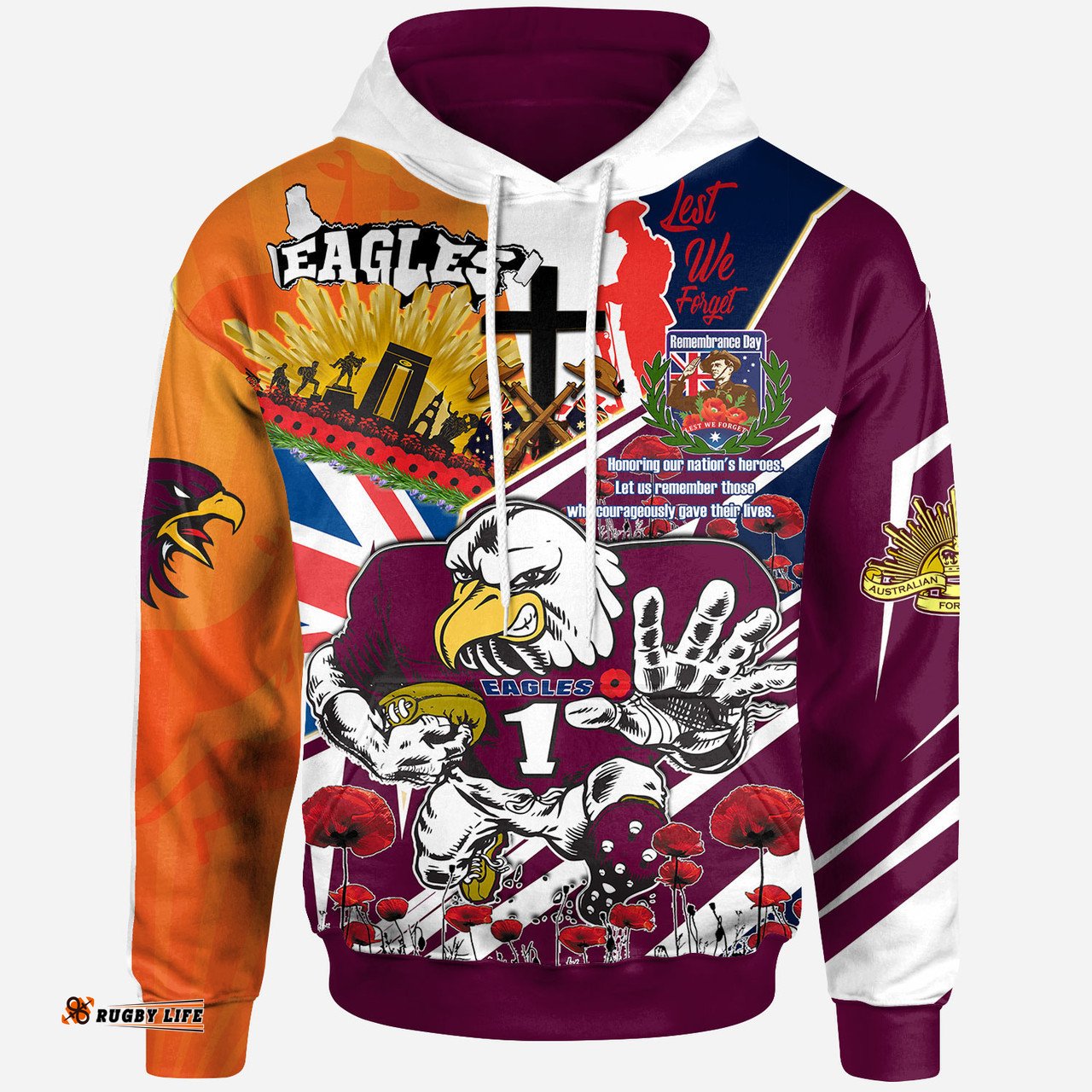 manly warringah sea eagles hoodie - custom remembrance manly warringah sea eagles anzac quote with poppy and rosemary hoodie