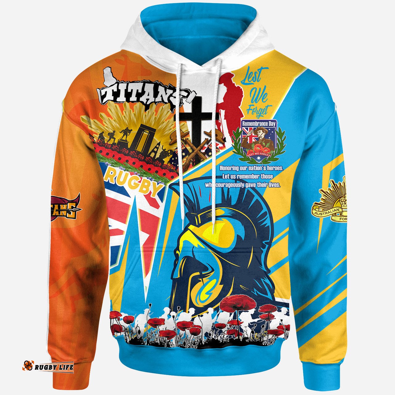 gold coast titans hoodie - custom remembrance titans anzac quote with poppy and rosemary hoodie