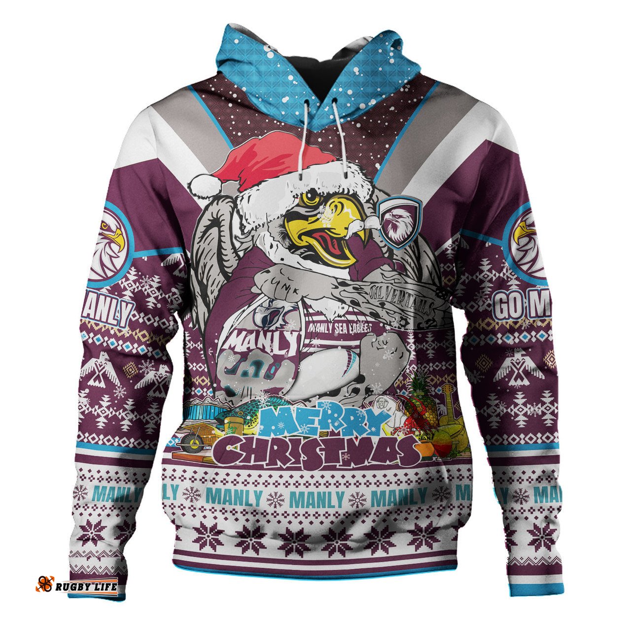 manly warringah sea eagles christmas custom hoodie - manly santa aussie big things hoodie