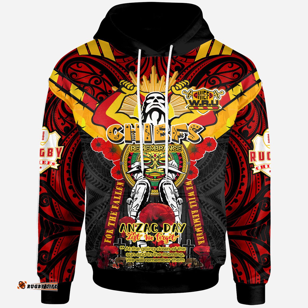 waikato chiefs anzac day custom hoodie - remembrance chiefs with maori patterns and poppy flowers