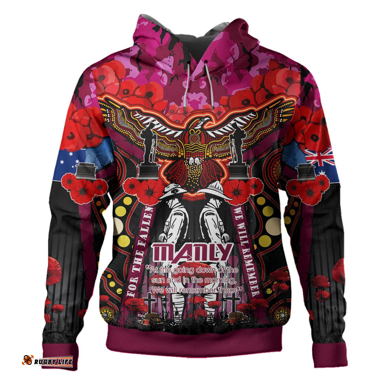 manly warringah sea eagles anzac custom hoodie - remembrance manly anzac day with poppy flower watercolour style
