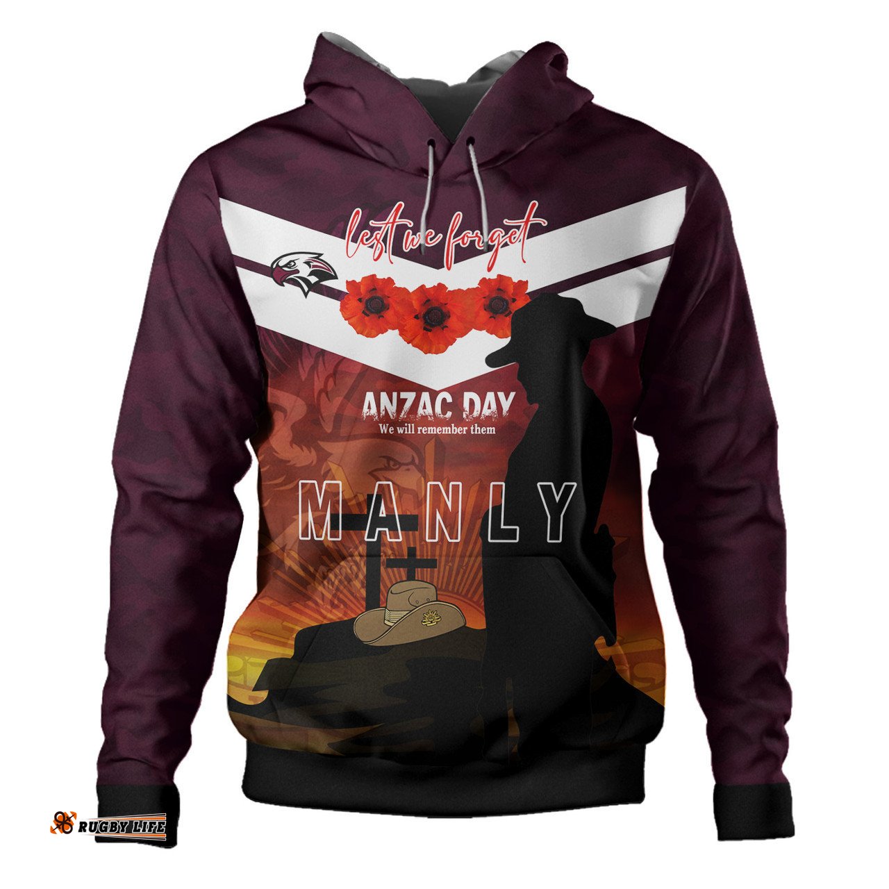 manly warringah sea eagles anzac custom hoodie - manly jersey anzac soldier poppies hoodie