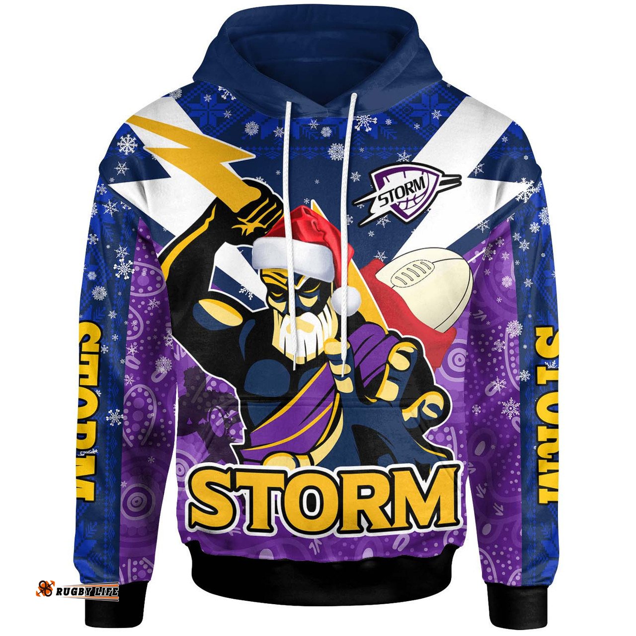 melbourne storm christmas custom hoodie - melbourne storm thunder man with aboriginal inspired dot painting christmas hoodie