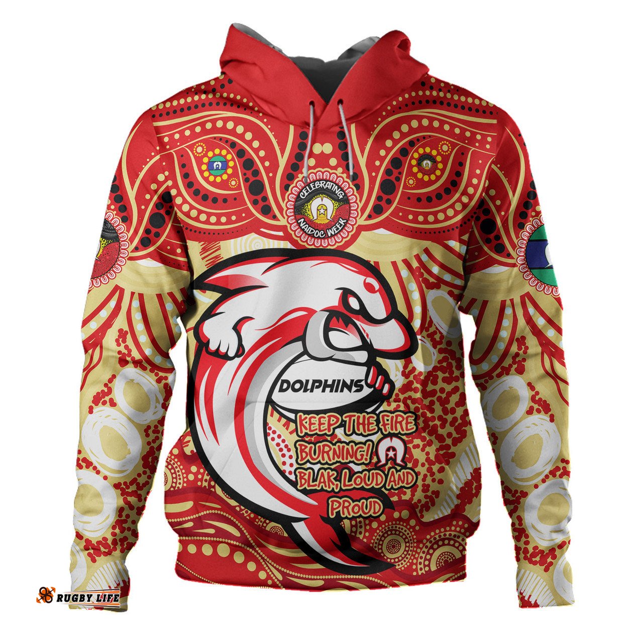 redcliffe dolphins hoodie celebrating naidoc week 2024 aboriginal dot art inspired