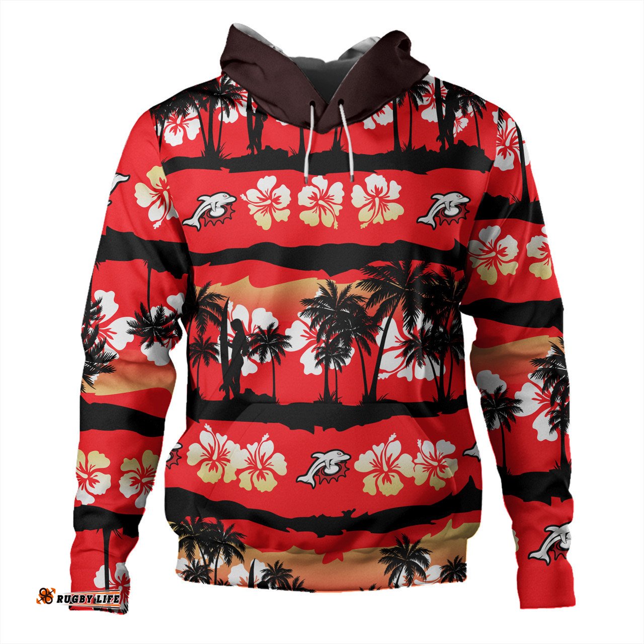 redcliffe dolphins hoodie - tropical hibiscus and coconut trees