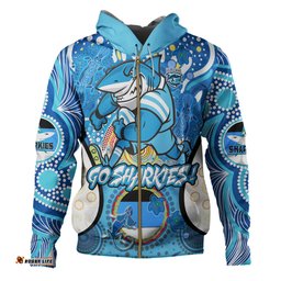 cronulla-sutherland sharks custom hoodie - go sharkies! personalised player and number tribal indigenous hoodie
