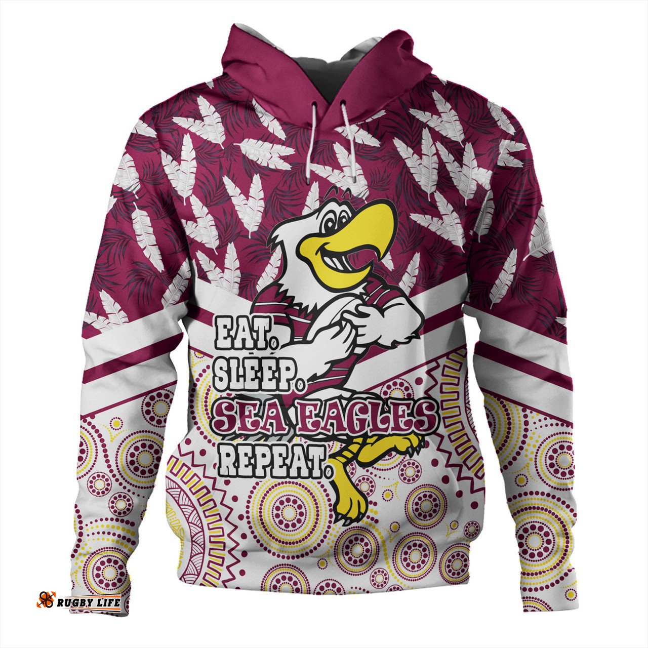 manly warringah sea eagles hoodie - tropical patterns and dot painting eat sleep rugby repeat