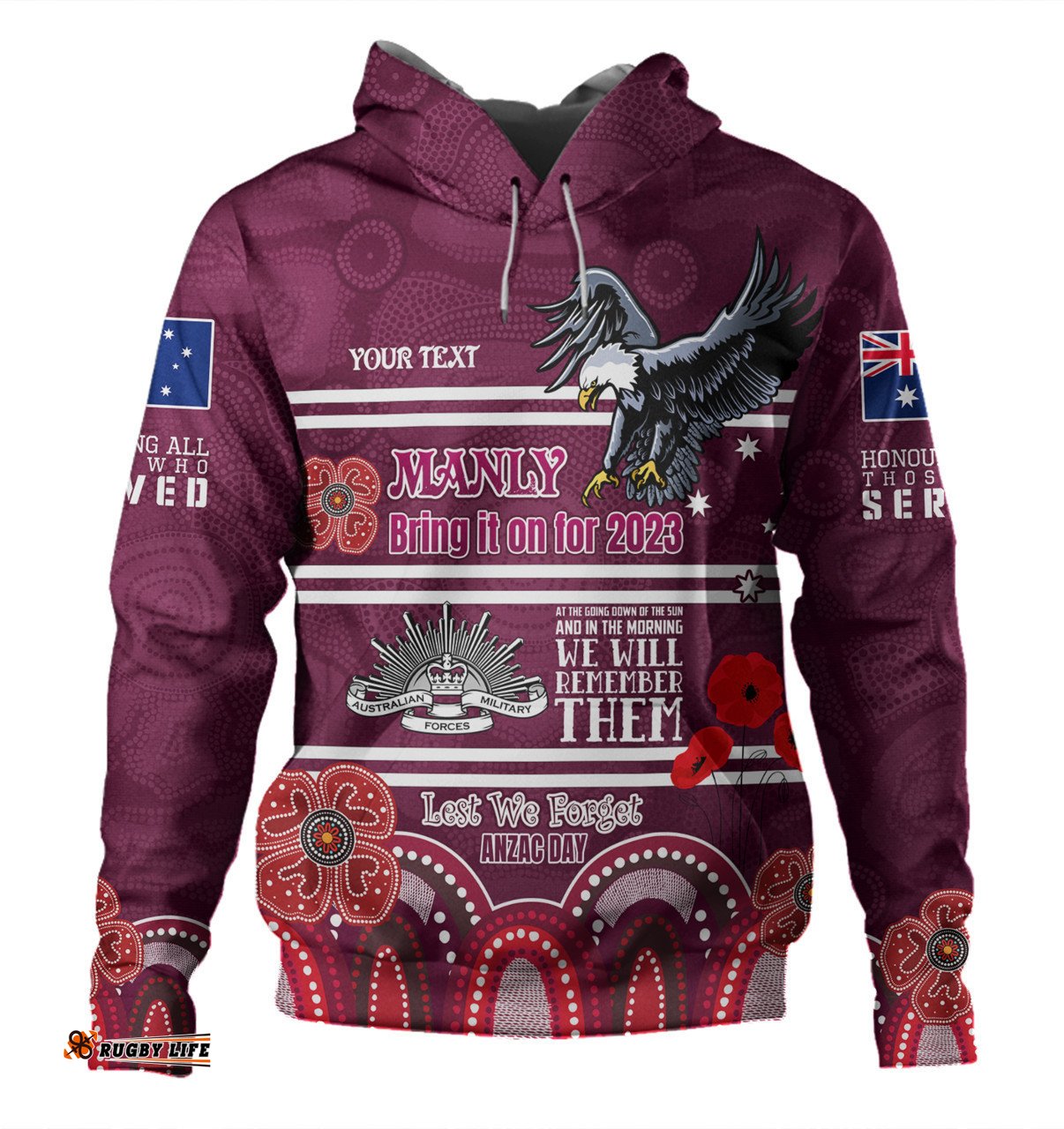 manly warringah sea eagles anzac custom hoodie - manly bring it on 2023 hoodie