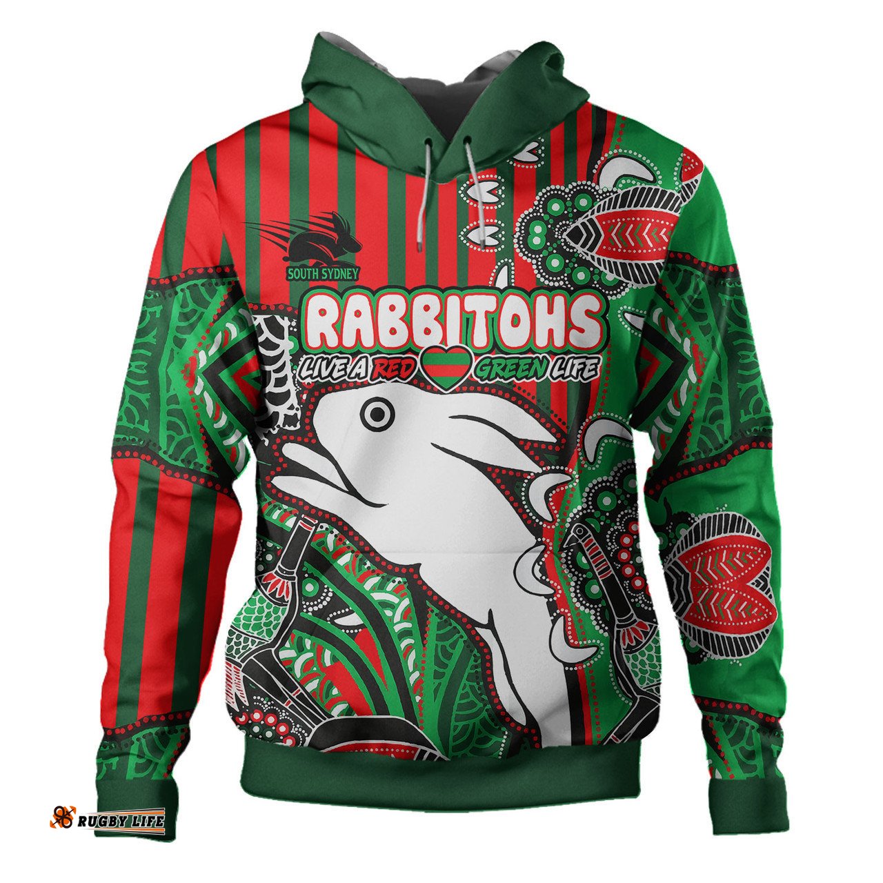 south sydney rabbitohs hoodie - indigenous dreaming souths "live a red green life" hoodie