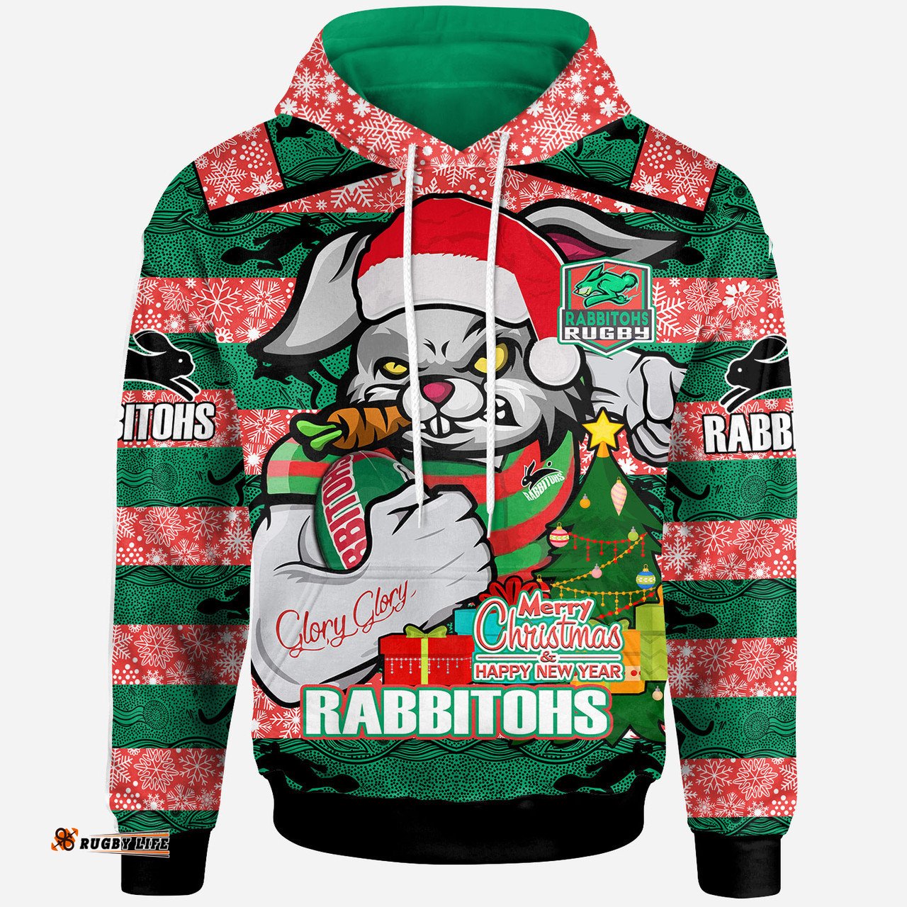 south sydney rabbitohs hoodie - merry christmas super rabbitohs with ball and aboriginal patterns custom hoodie