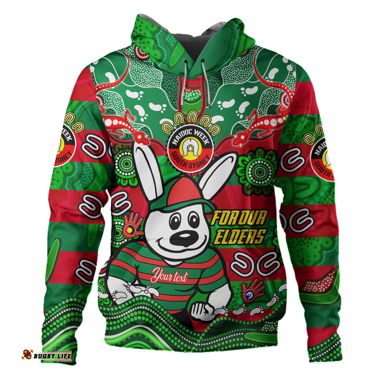 south sydney rabbitohs custom hoodie - for our elders home jersey hoodie