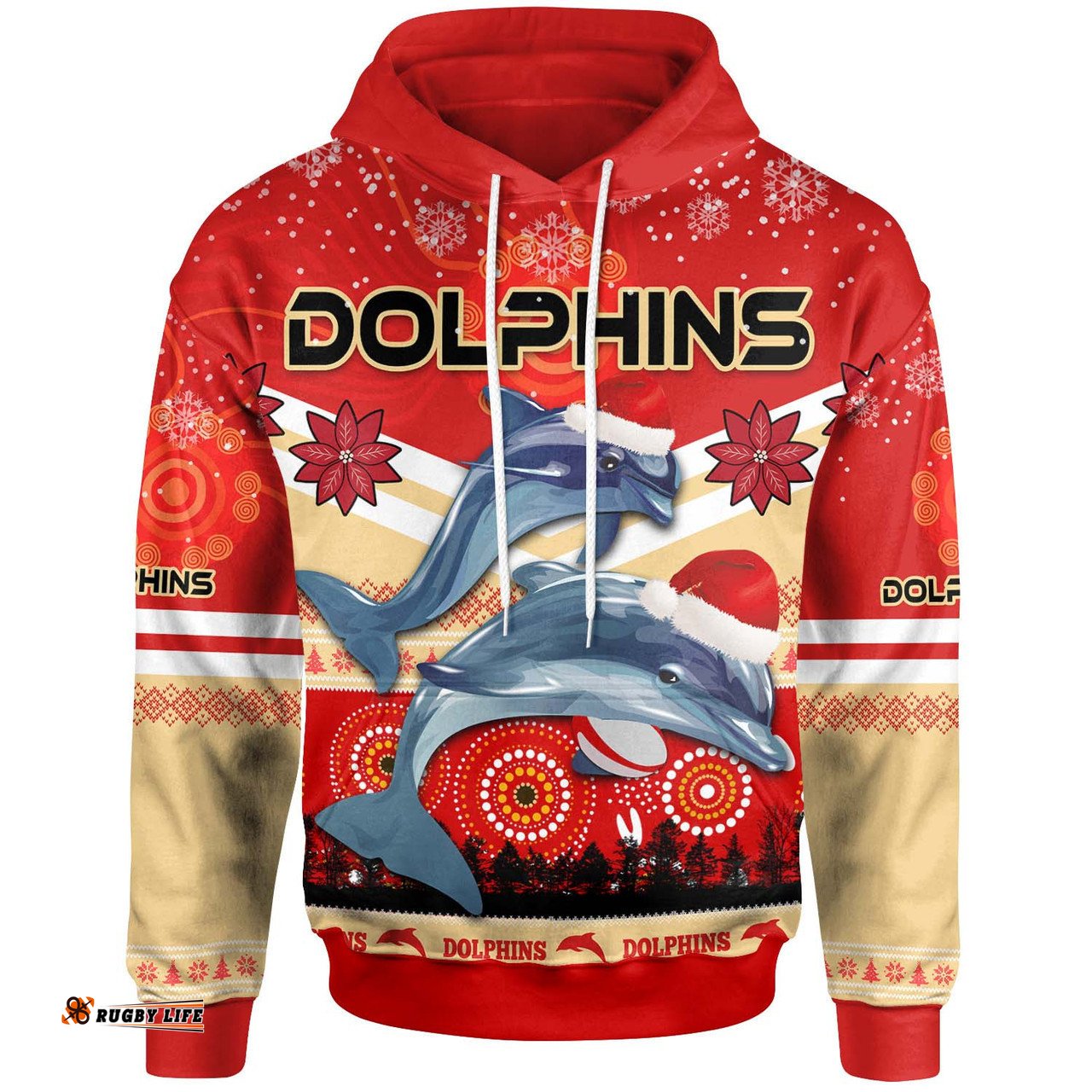 redcliffe dolphins christmas hoodie - custom redcliffe dolphins christmas with ugly pattern and aboriginal inspired hoodie