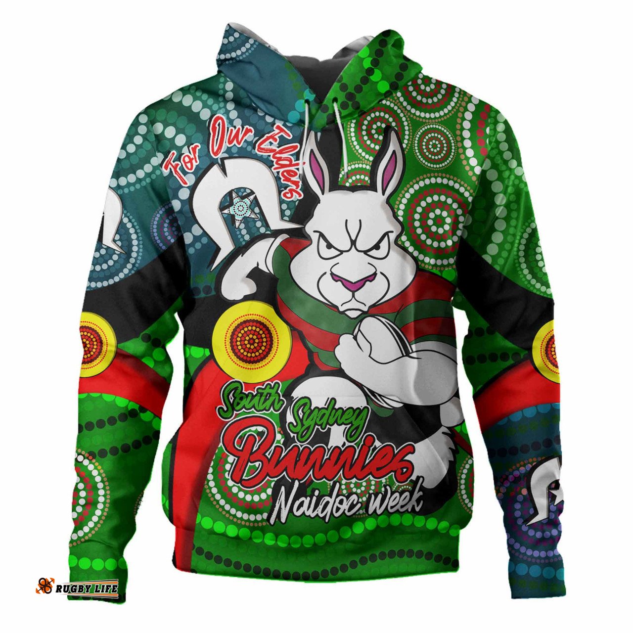 south sydney rabbitohs custom hoodie - rabbitohs bunnies naidoc week for our elders with dot bunnies sport style hoodie
