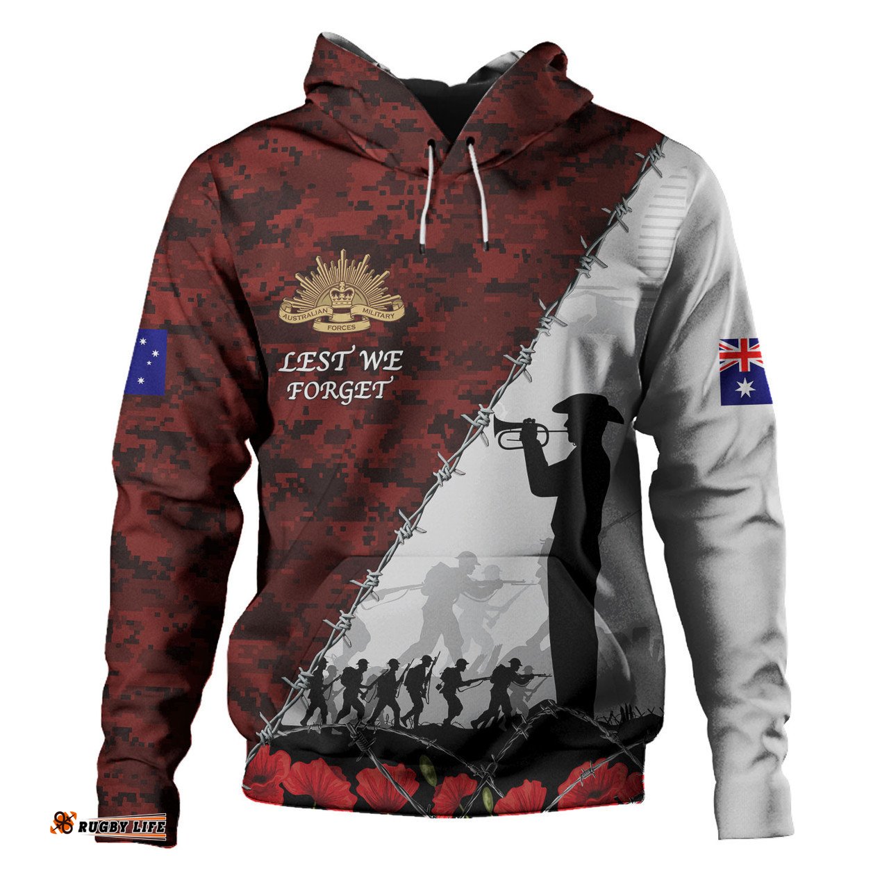 australia hoodie - anzac day poppy flower and barbed wire