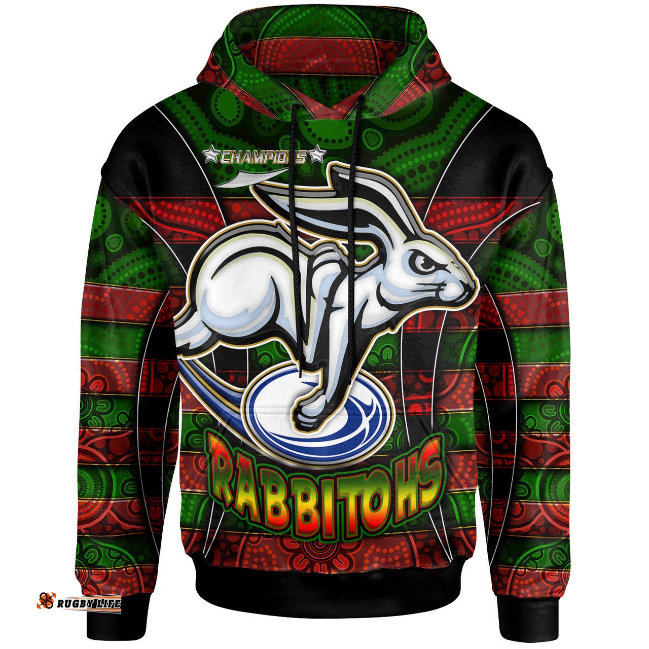 south sydney rabbitohs hoodie - custom rabbit aboriginal inspired style pattern personalised player and number hoodie